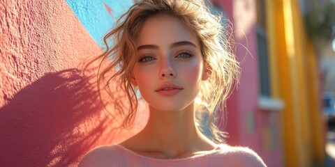 A beautiful young woman posing in front of a bright pink wall, perfect for promoting female empowerment or youth culture