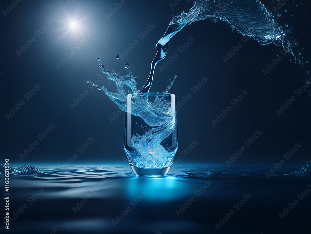 Leinwandbilder dynamic image of water pouring into a glass, creating a splash and ripple effect. the scene is dark,
