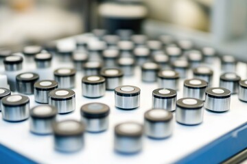 Close-up shot of multiple metal knobs on a surface, suitable for industrial or technical illustration purposes