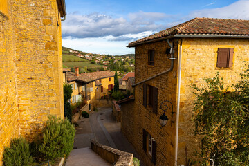 View from Saint-Mathieu Church in Oingt overlooking the village known for its golden stones near Lyon