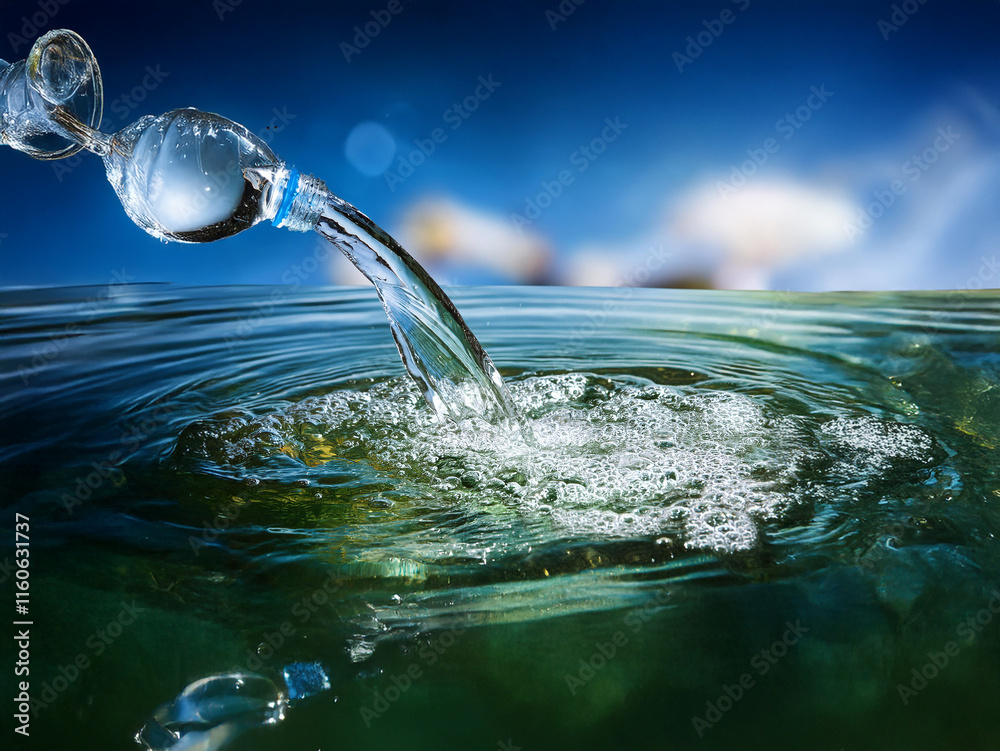 Poster clear water pours from a bottle into a calm lake, creating ripples and bubbles against a vibrant blu
