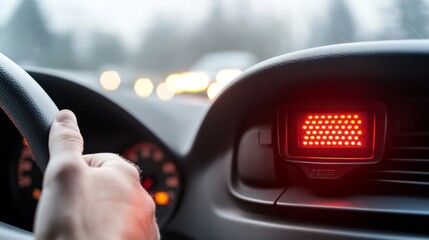 Engine light illuminated on a car dashboard. Featuring a concerned driver studying the display