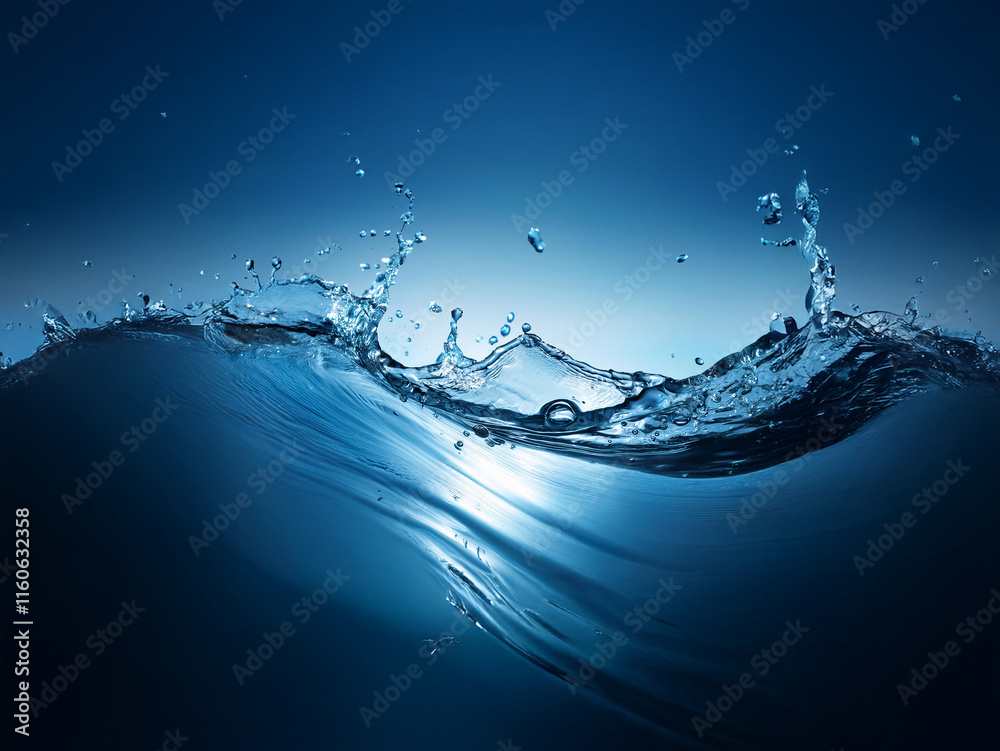 Poster Dynamic water splash against a deep blue backdrop.  Sunlight glints off the surface, creating a captivating underwater scene.