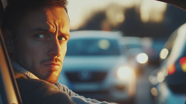 Engine problems causing traffic issues. Frustrated driver fidgets in their seat