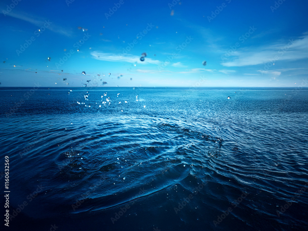 Poster serene ocean scene with water droplets suspended in the air, creating a sense of calm and tranquilit