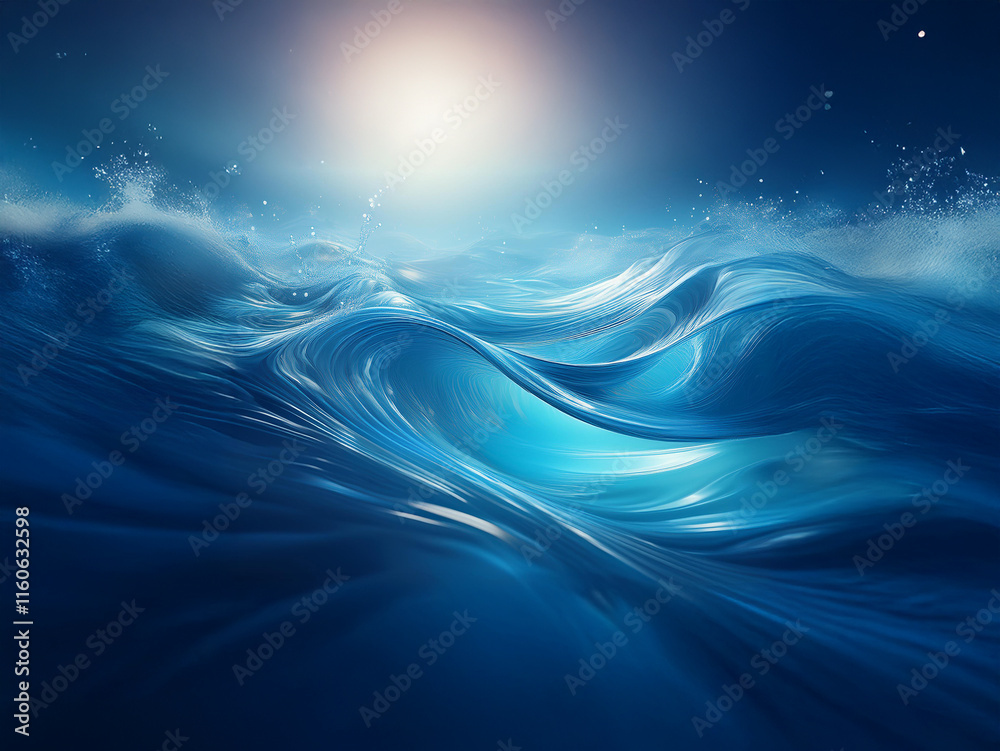 Poster serene ocean waves gently undulate under a soft, luminous glow. the deep blue hues create a tranquil