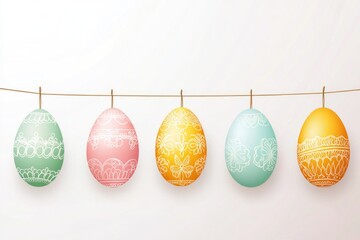 Colorful Easter eggs hang from a rope, perfect for Easter decoration or celebration