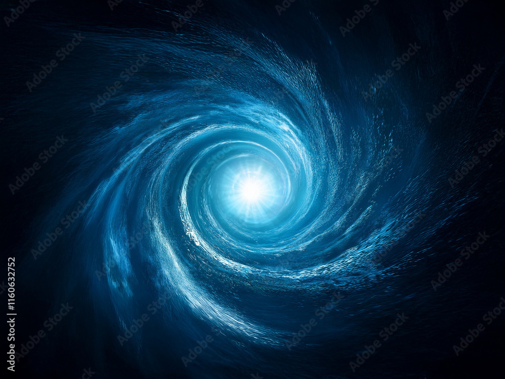 Poster a swirling vortex of luminous blue energy, emanating a bright light from its center, against a dark 