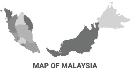 Malaysia Greyscale political map simple flat illustration