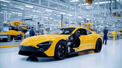 A yellow sports car displayed in a factory setting, showcasing its interior.