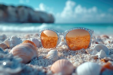 A pair of sunglasses abandoned on the sand, perfect for a tropical getaway or as a prop in your photo shoot