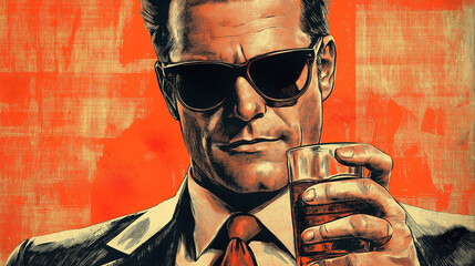 Retro-Style Illustration of a Man with Sunglasses Holding a Drink