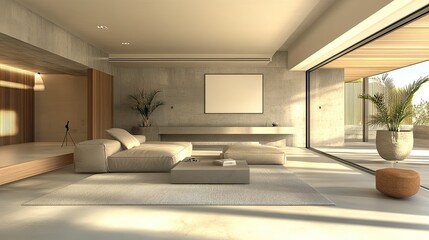 A contemporary living room with minimalist decor and neutral tones, ready for text placement.