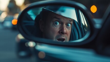 Image of a car with a missing side mirror. Featuring a driver looking surprised