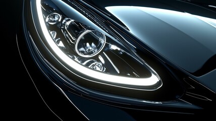 luxury car headlight close-up with LED lights and sleek hood design in photorealistic detail