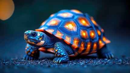 Fototapeta premium Illuminated turtle shell, glowing, vibrant colors, dark background.