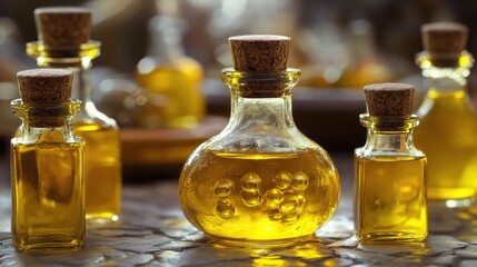 Group of oil bottles on a table, suitable for illustration or decoration