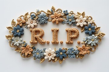 R.I.P 3D Crochet Style with Golden Border - Elegant Condolence Template on Isolated White