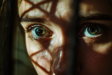 A close-up shot of a woman's eyes looking out from behind bars