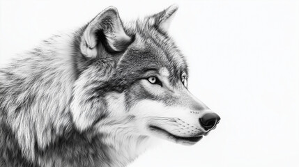 Portrait of a gray wolf with bright eyes on a white background, rendered in a detailed style
