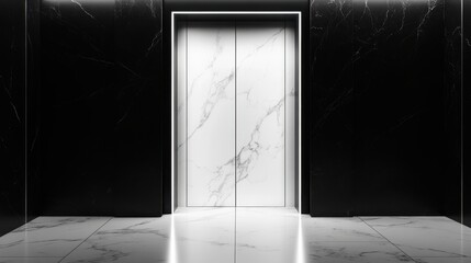 Obraz premium Modern Elevator doors of office or hotel hallway,holiday season decor with christmas tree,Lobby interior, corridor in house with lift,marble elegant lift for passenger or cargo elevators,copy space.