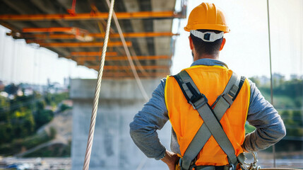 Construction Worker Inspecting Large Bridge with Careful Attention to Detail