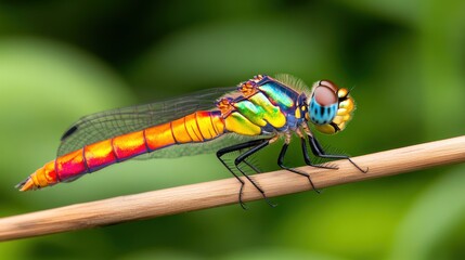 A vibrant dragonfly perched on a twig, showcasing its colors.