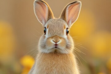 Obraz premium Close-up of a rabbit's face surrounded by bright yellow flowers, great for spring or Easter-themed illustrations