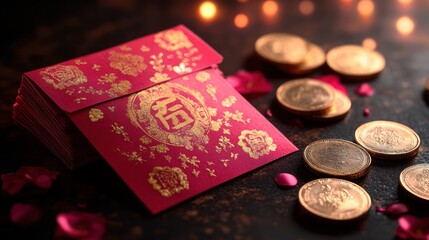 Red envelopes and gold coins on dark background.