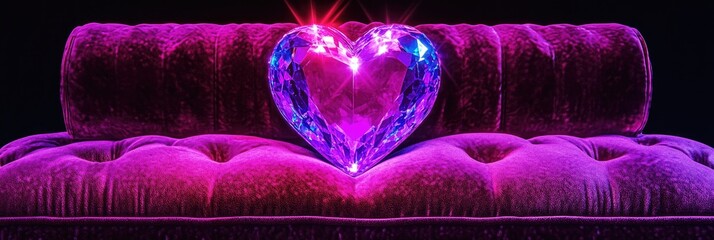 Obraz premium A vibrant, faceted heart-shaped crystal resting on a plush purple couch, exuding elegance.