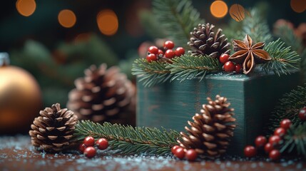 A festive Christmas arrangement featuring pinecones and berries, great for holiday decorating or as a seasonal centerpiece