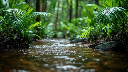 Lush green rainforest stream, flowing water, tropical plants, jungle foliage, nature scene.