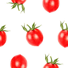Hand-Painted Watercolor Seamless Vegetable Pattern of Cherry Tomatoes on White