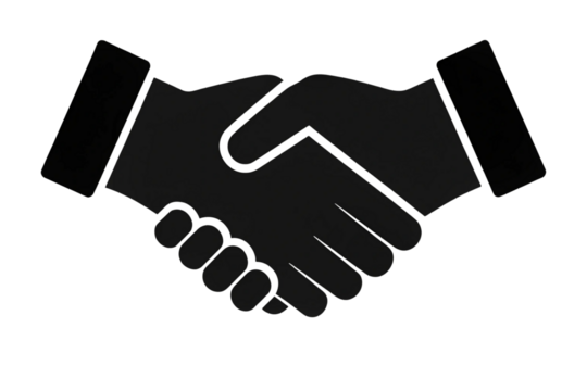 Black handshake icon silhouette symbolizing agreement, partnership, and cooperation on a clean white background