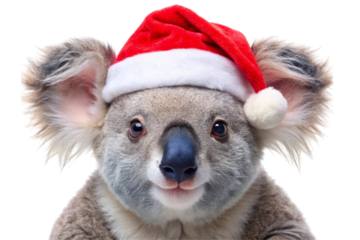 Adorable koala with a red santa hat, showcasing holiday cheer and winter vibes on a white isolated background