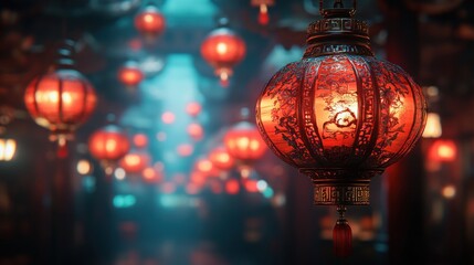 Red lanterns hanging in a Chinese temple.