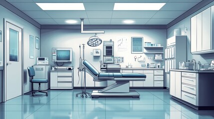 Sterile operating room interior with medical equipment.