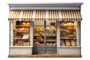 Traditional bakery shop facade with a colorful striped awning and an inviting display of baked treats and loaves