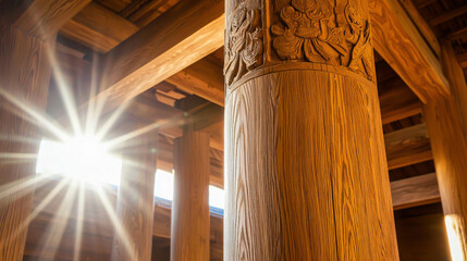 Elegant and Intricately Carved Wooden Columns in Traditional Architecture Interior