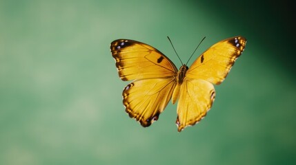 A bright yellow butterfly flying through the air