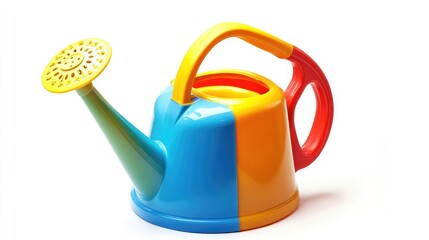 Colorful childa??s plastic watering can for gardening fun isolated on white background