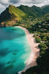 Fototapeta premium Coastal landscape with sandy beach and distant mountain range