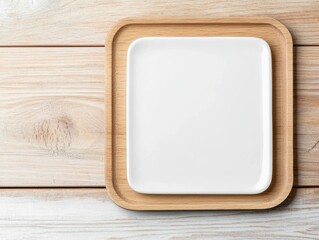 Blank coaster mockup. A minimalistic square plate on a wooden tray, set against a rustic wooden background, perfect for food presentation.