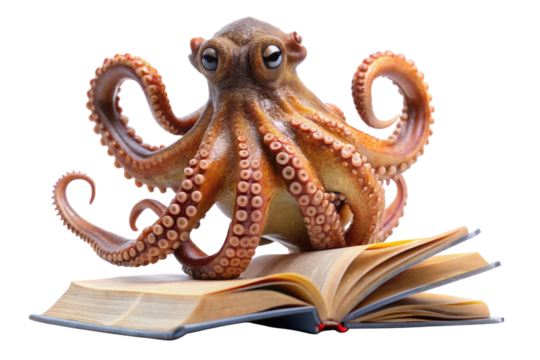 Curious octopus engaging with a book in an educational setting on white backdrop