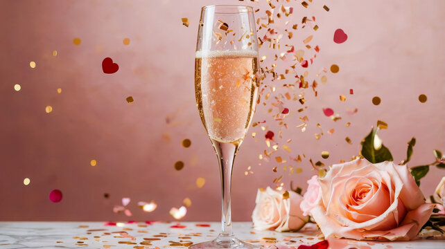 champagne with rose petals and coning coning