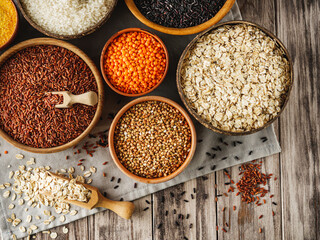 Mixed Grains and Cereals Lentils Rice Buckwheat Oatmeal Organic Healthy Vegan Protein Diet Nutrition