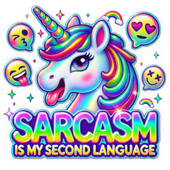 A vibrant unicorn with a rainbow mane, surrounded by cheerful emojis, expressing sarcasm and playfulness. Perfect for humorous designs, fantasy art, and creative projects