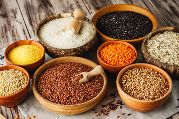 Mixed Grains and Cereals Lentils Rice Buckwheat Oatmeal Organic Healthy Vegan Protein Diet Nutrition