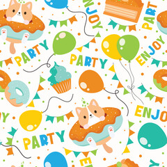 cute happy birthday seamless pattern, party , animals, kids, childish, balloon, cake