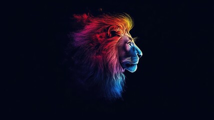 Colorful lion in abstract rainbow tones against a sleek black background